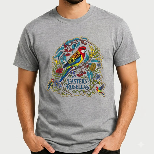 A man wearing a heather gray t-shirt with a colorful graphic of an Australian Eastern Rosella bird and other birds in a floral design.