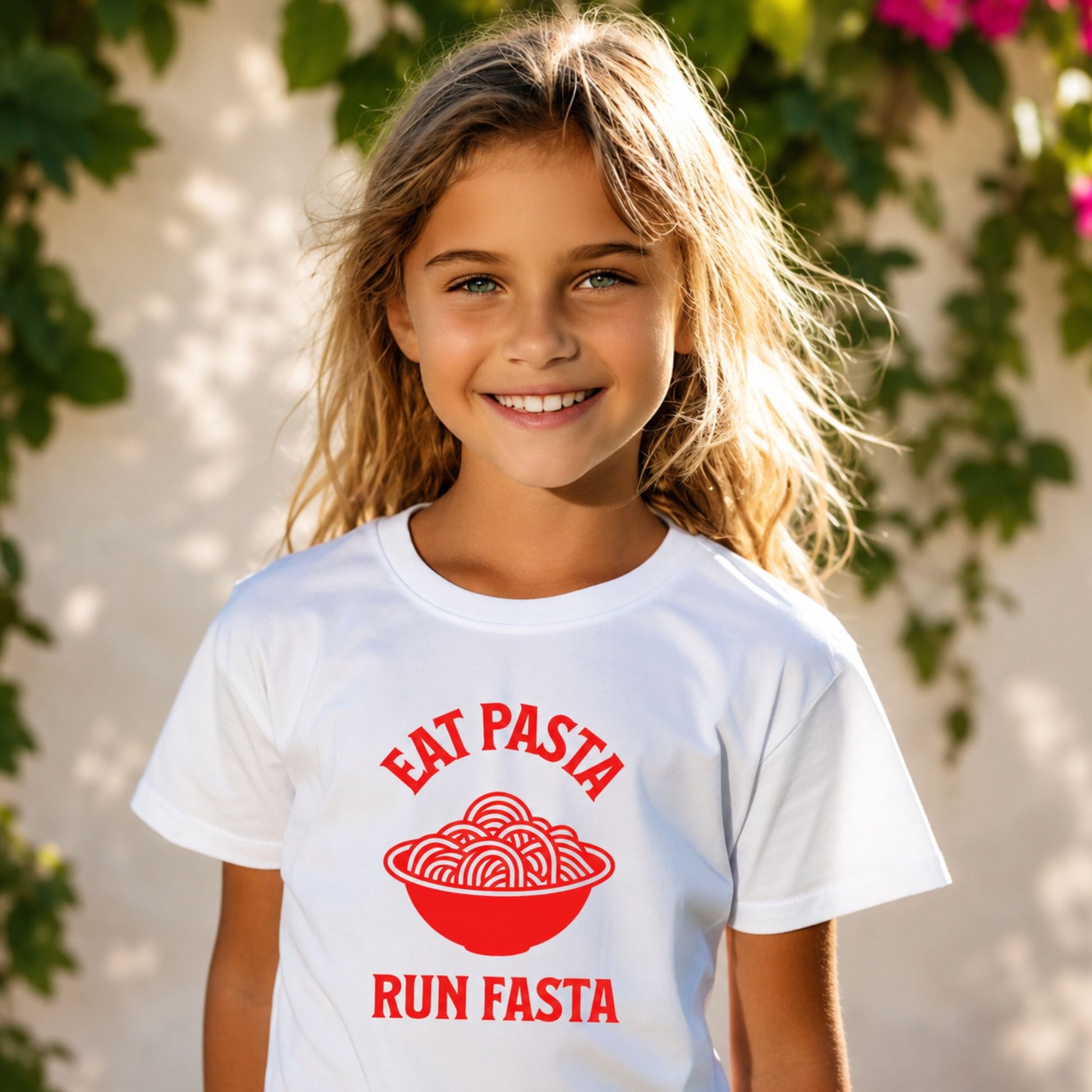 Kids t-shirt with fun Eat Pasta, Run Fasta slogan for little foodies and runners 