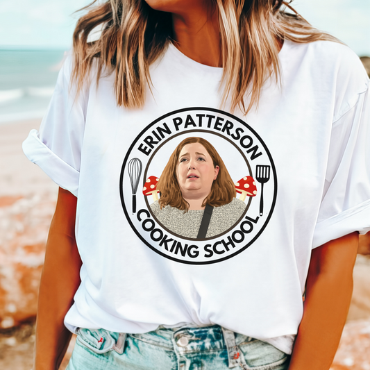 Dark humour white Erin Patterson Cooking School logo t-shirt