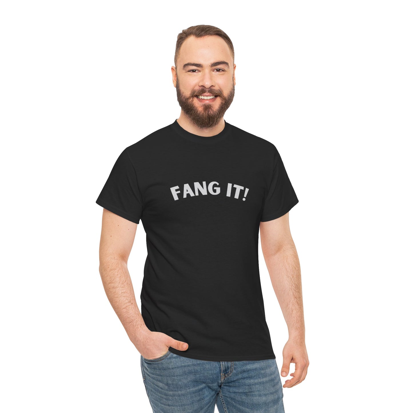 Model wearing a "Fang It!" shirt celebrating Australian humour