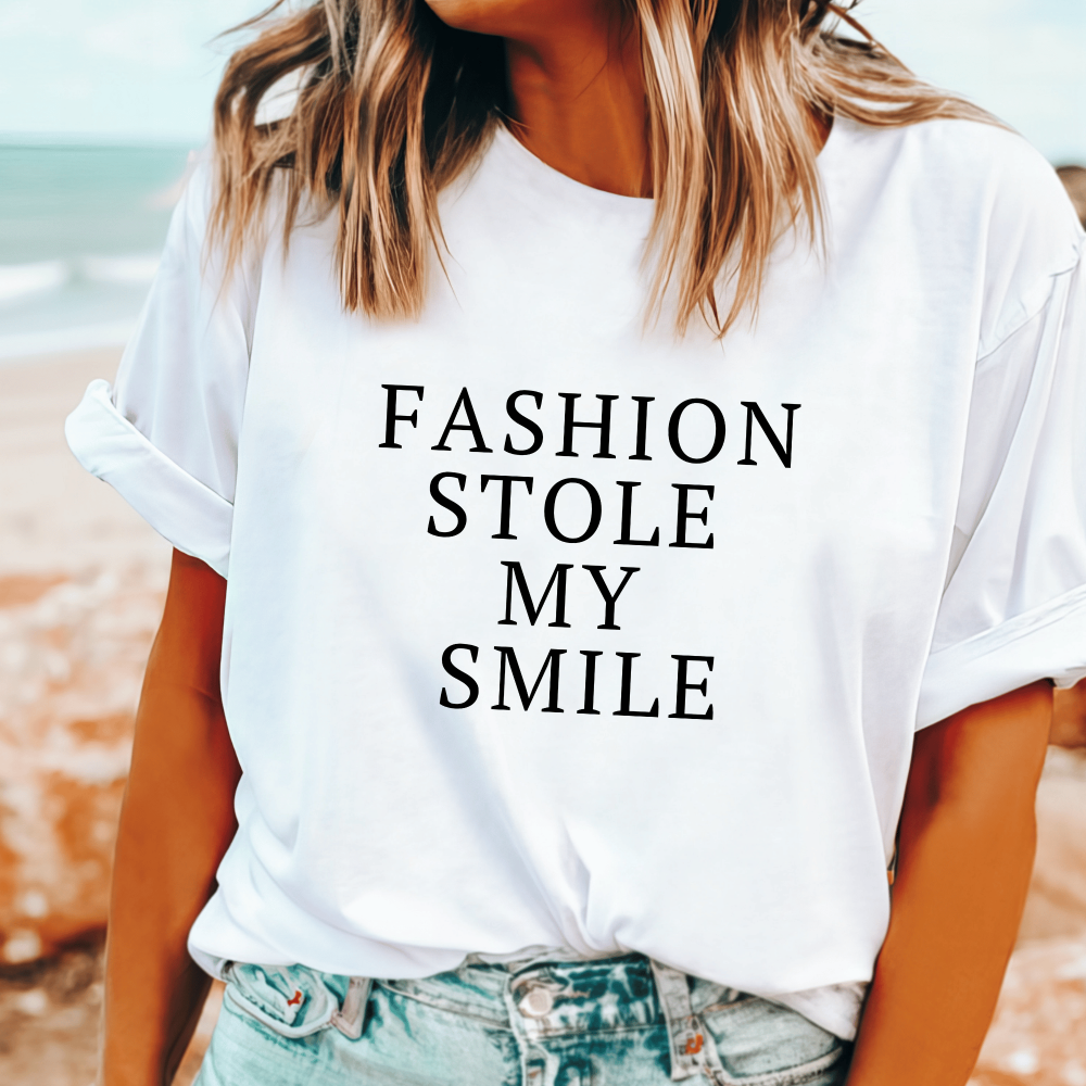 Fashion Stole My Smile T-Shirt – Victoria Beckham inspired quote tee available in Australia, stylish pop culture shirt for fashion lovers