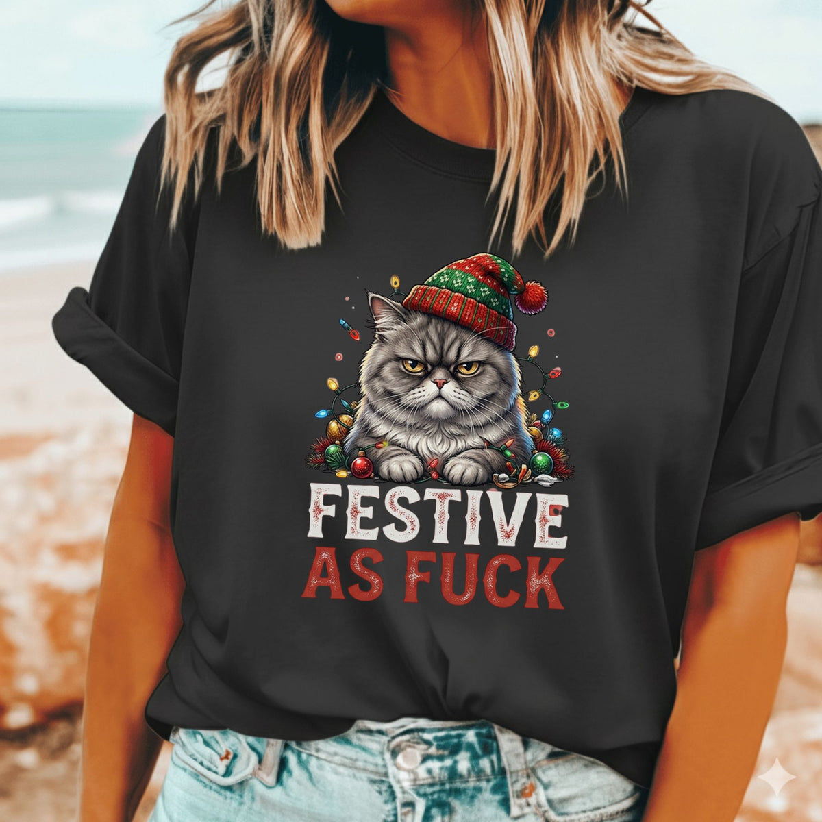 Festive as Fuck Cat T-Shirt | Funny Grumpy Cat Christmas Tee