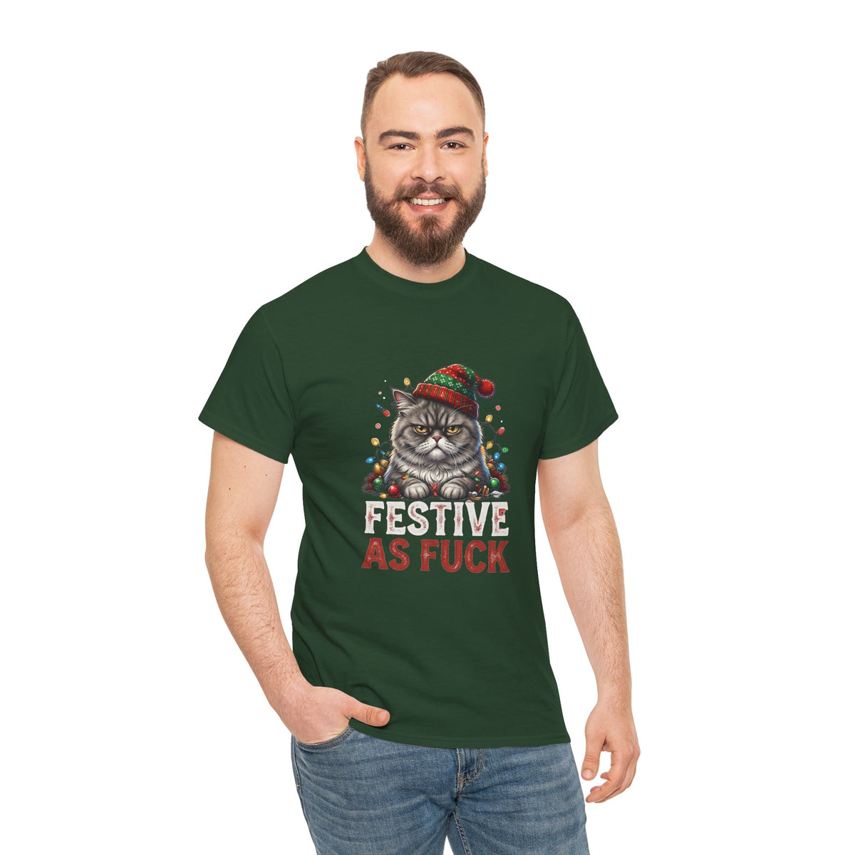 Festive as Fuck Cat T-Shirt | Funny Grumpy Cat Christmas Tee
