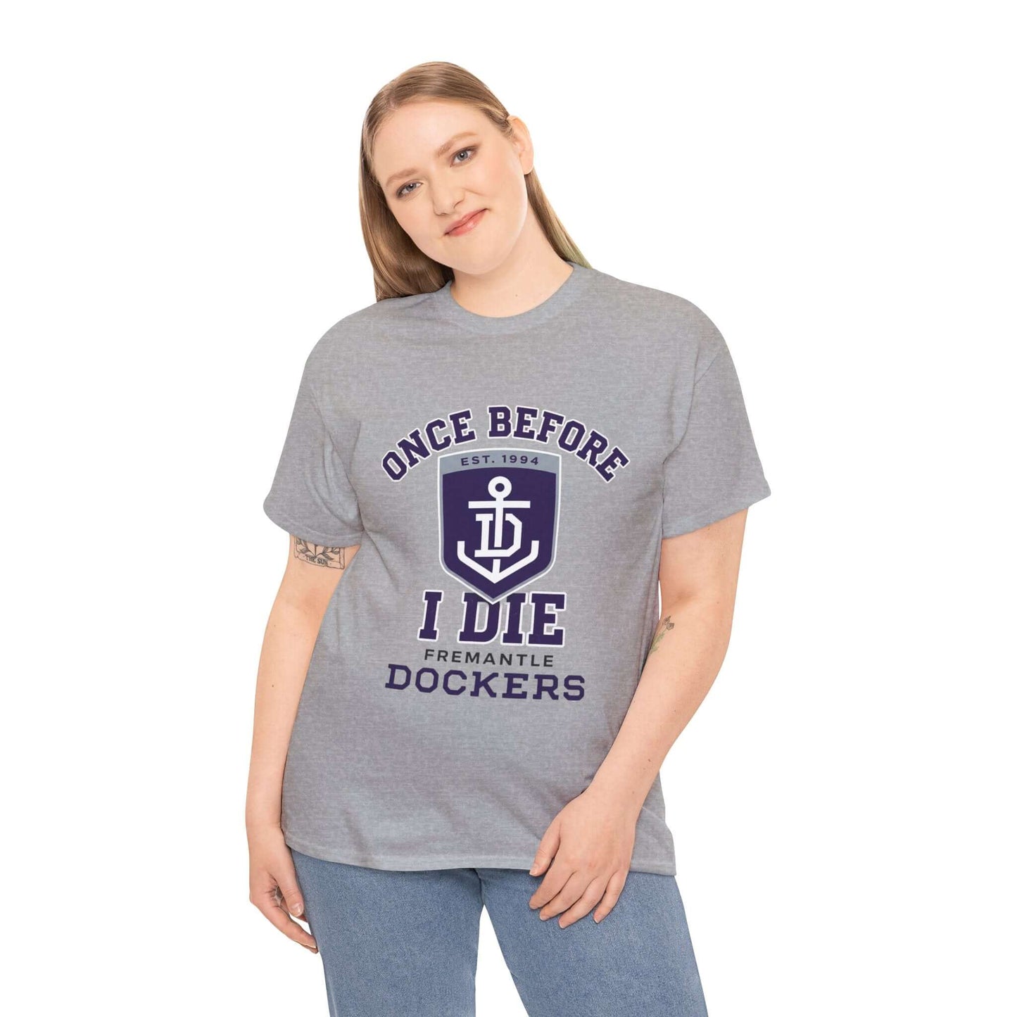 Freo supporter shirt with “Once Before I Die” text, classic AFL fan apparel
