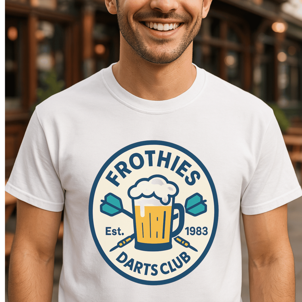 Frothies & Darts Club t-shirt with beer and ciggie graphic – perfect for Aussie pub culture lovers