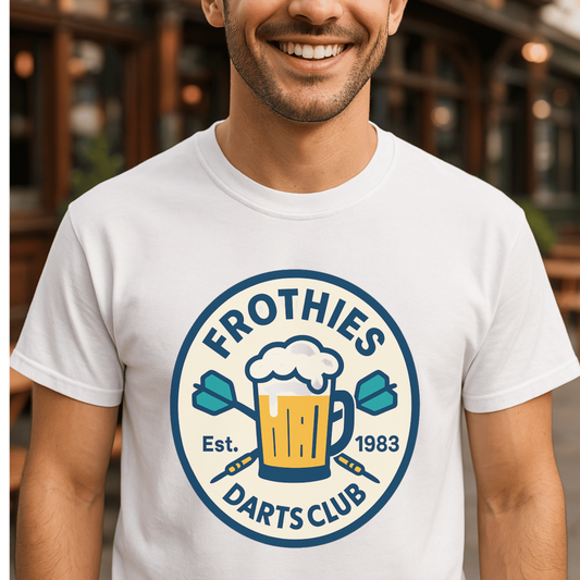 Frothies & Darts Club t-shirt with beer and ciggie graphic – perfect for Aussie pub culture lovers