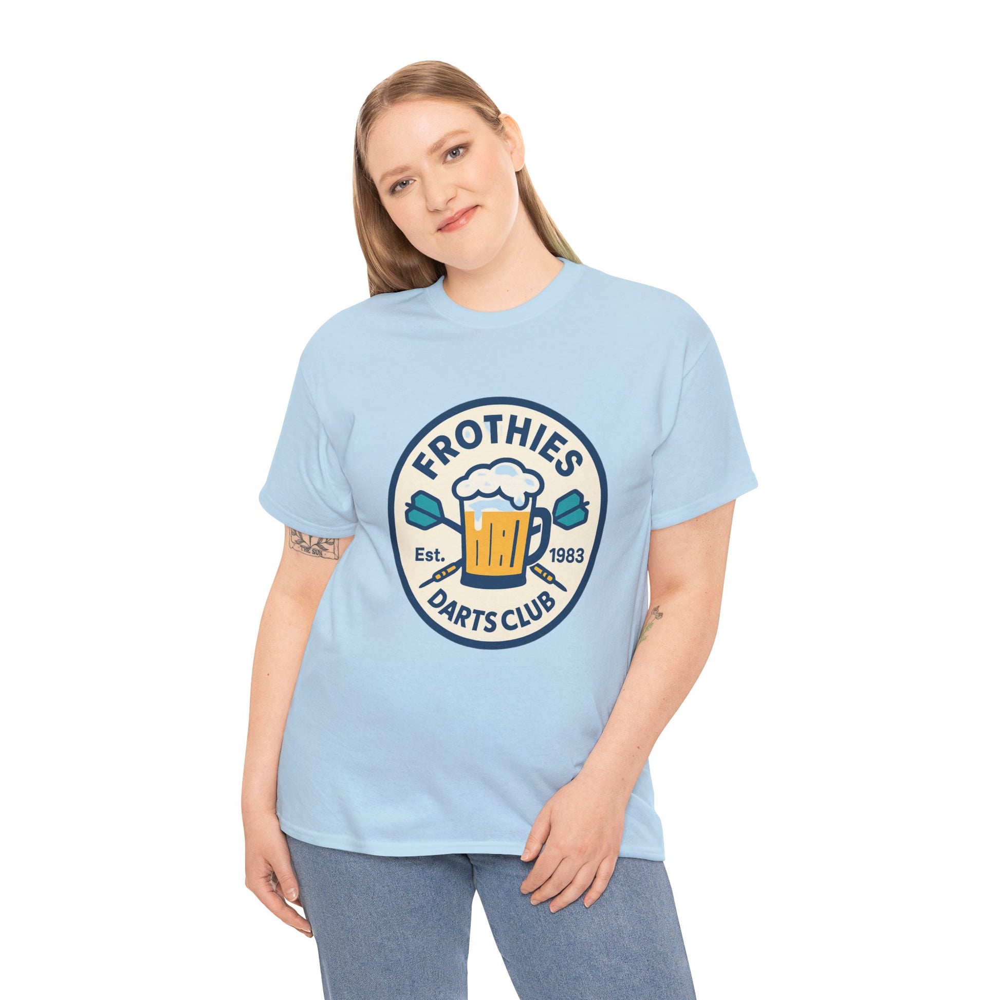 Frothies & Darts Club shirt with bold print – must-have for true blue pub-loving Australians