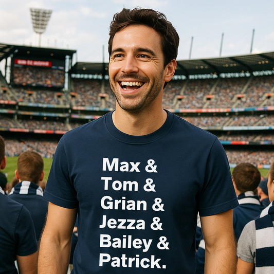 Geelong Cats AFL t-shirt Max Holmes Tom Atkins Grian Miers Jeremy Cameron Bailey Smith Patrick Dangerfield