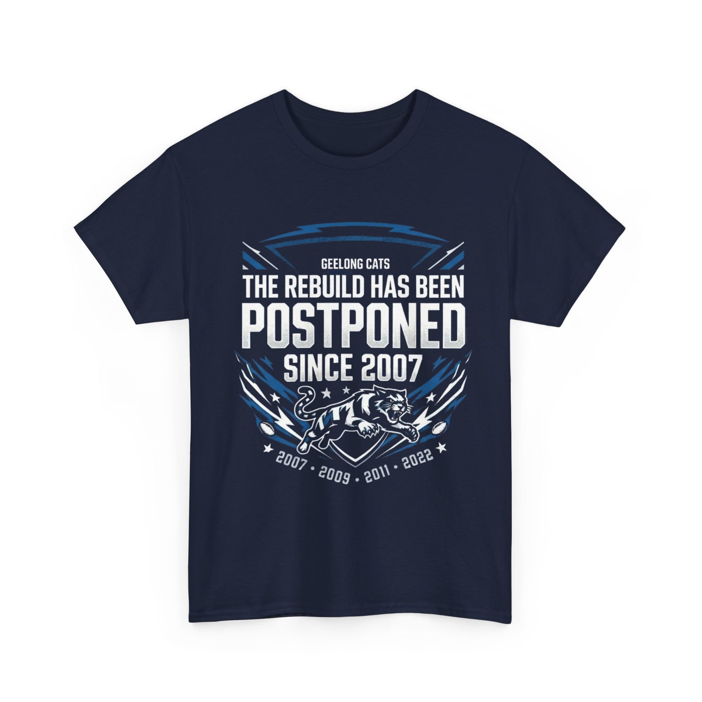 Geelong Cats “The Rebuild Has Been Postponed Since 2007” funny AFL supporter t-shirt