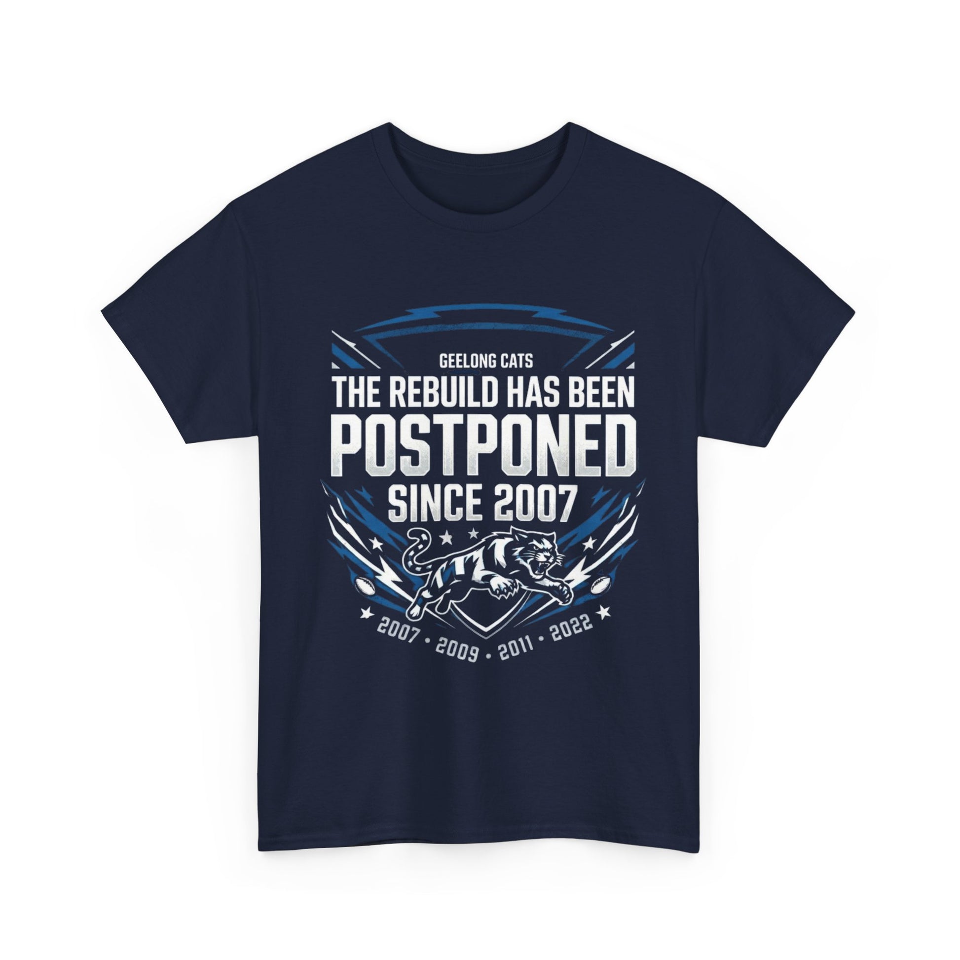 Geelong Cats “The Rebuild Has Been Postponed Since 2007” funny AFL supporter t-shirt