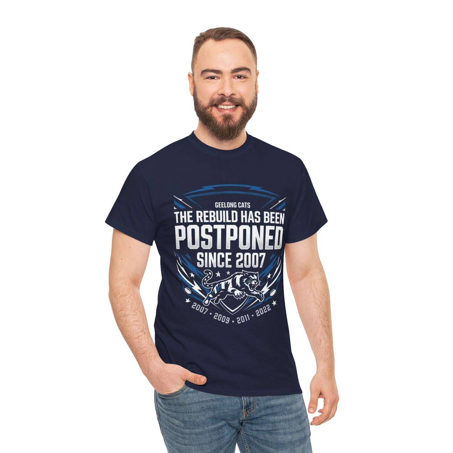 Humorous Geelong Cats fan tee celebrating years of AFL success since 2007