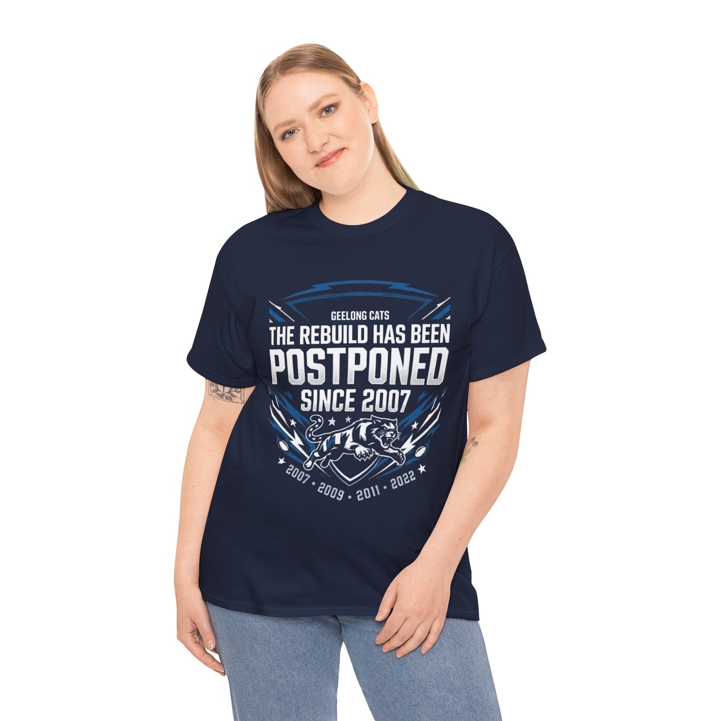 Funny Geelong Cats AFL t-shirt for footy fans who know the rebuild never came