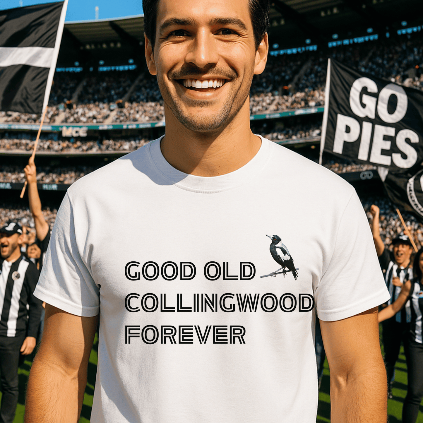 Man wearing a white t-shirt with 'Good Old Collingwood Forever' text at MCG