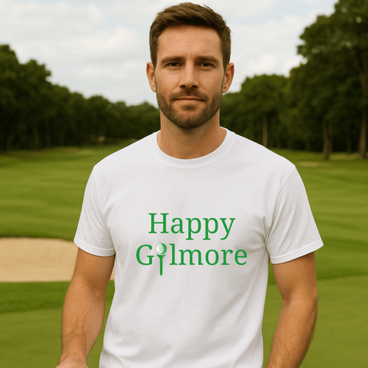 Front of Happy Gilmore golf t-shirt with retro-style design for Dads 