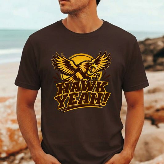 Hawk Yeah! Hawthorn Hawks fan shirt featuring a bold hawk graphic in brown and gold