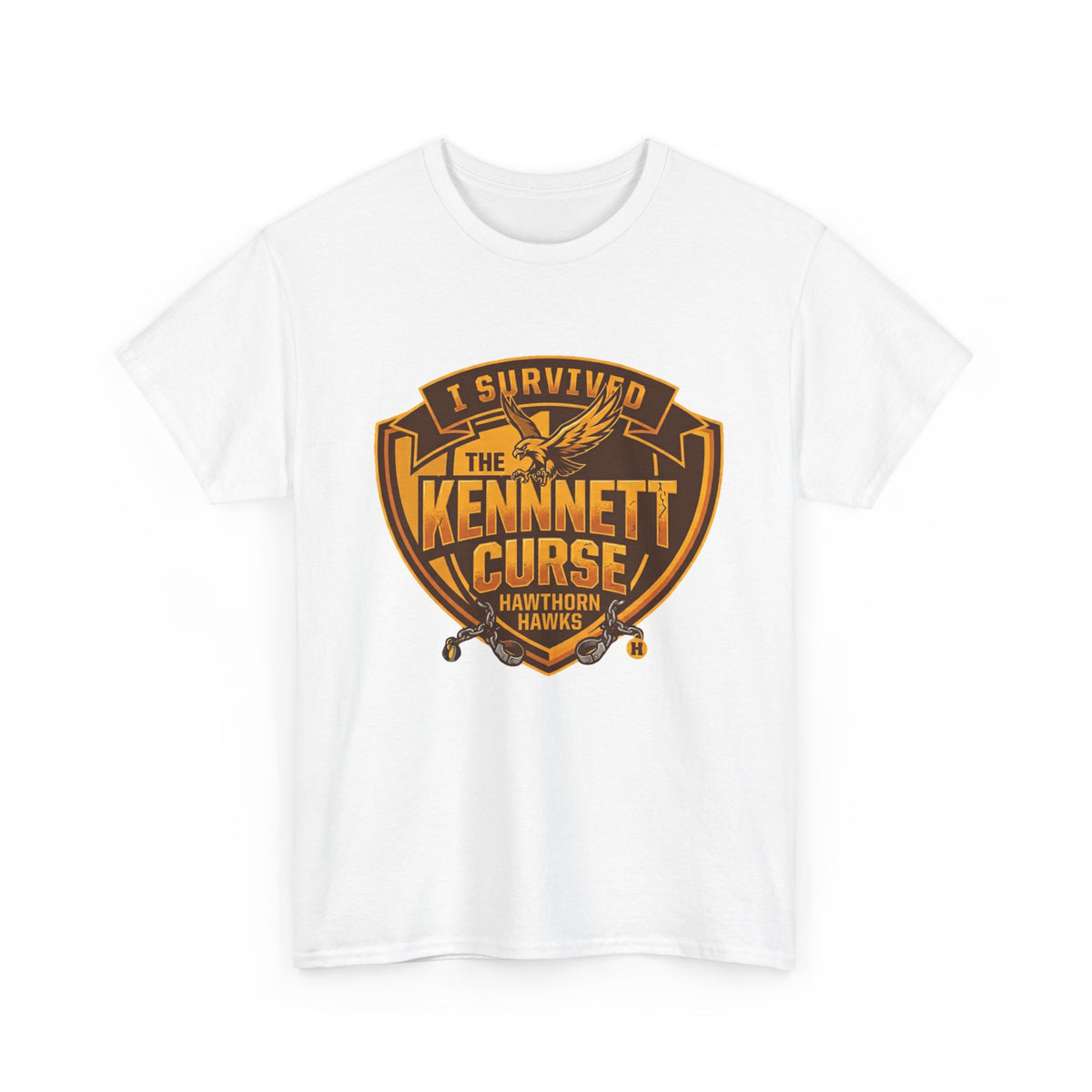 Hawthorn Hawks AFL T-shirt with humorous I Survived The Kennett Curse design