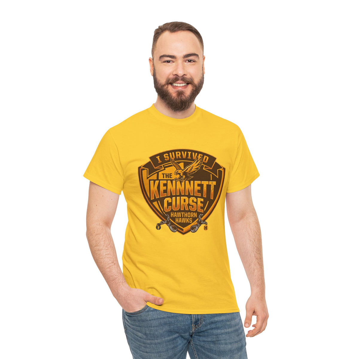 Humorous Australian rules football T-shirt inspired by the Hawthorn Hawks Kennett Curse