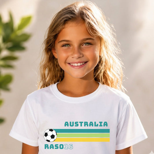 Young girl wearing a Matildas white t-shirt with 'Australia' Hayley Raso t-shirt