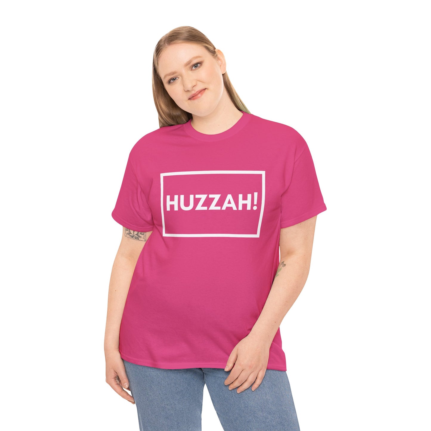 Huzzah statement tee for joyful moments and wins