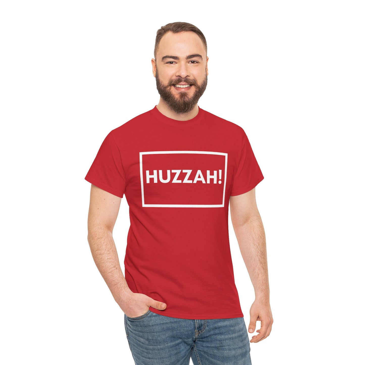 Humorous celebration t-shirt featuring the word Huzzah