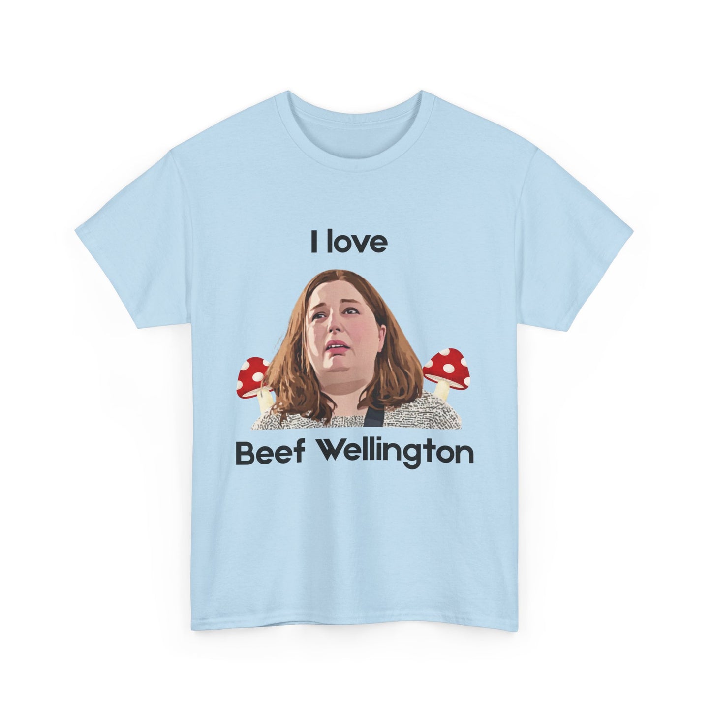 Viral Erin Patterson tee with bold 'I Love Beef Wellington' print