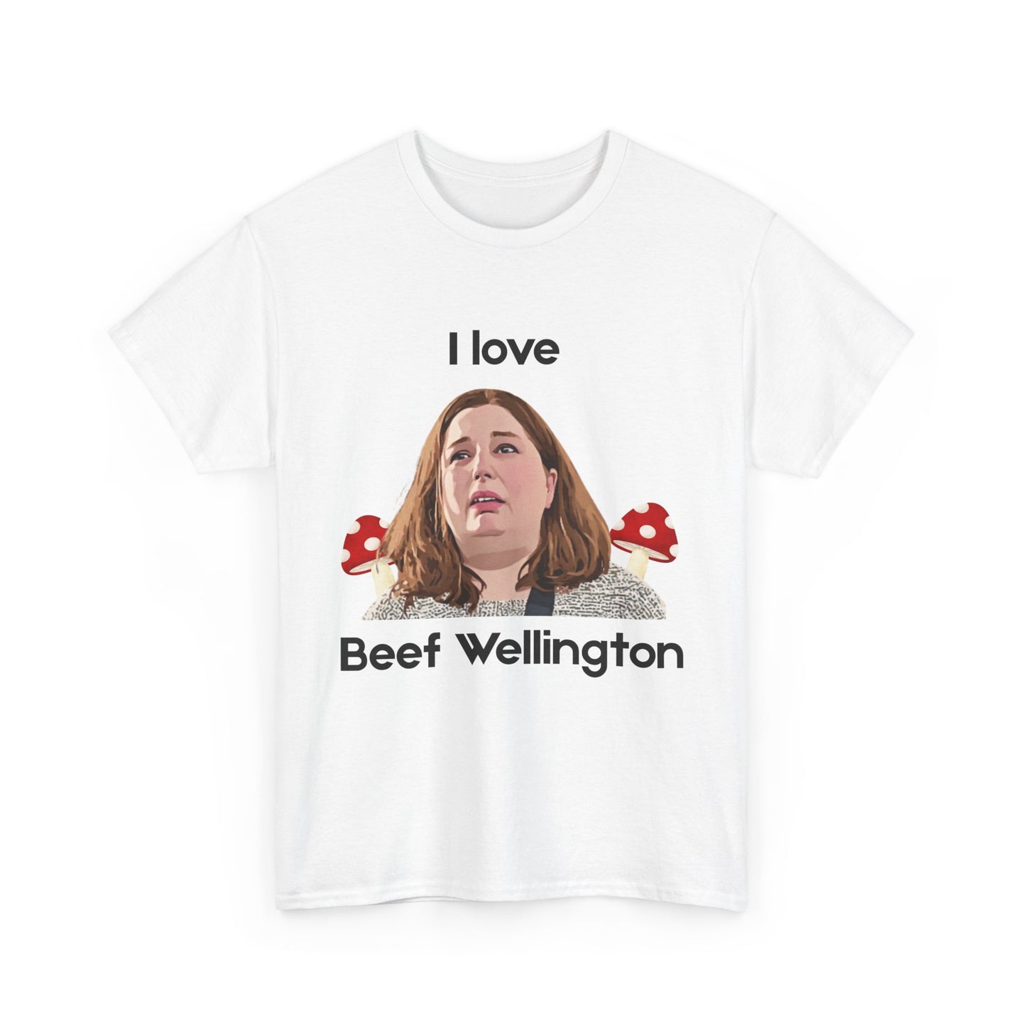 Erin Patterson satire t-shirt with 'I Love Beef Wellington' text