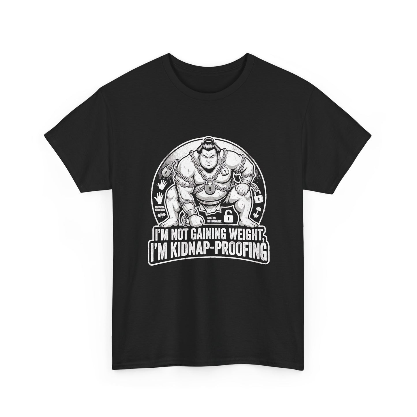 Funny kidnap-proofing t-shirt in black with sumo wrestler graphic — novelty gift Australia