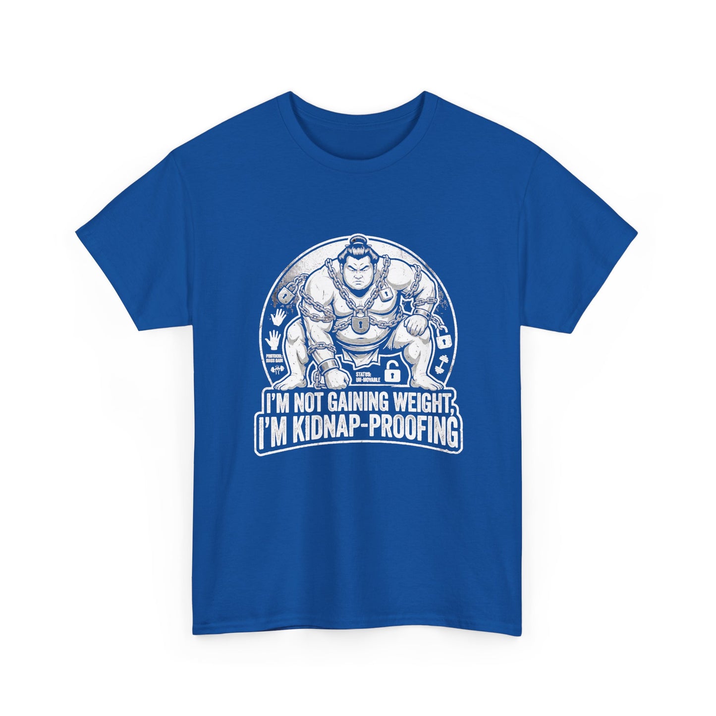 Royal blue funny dad bod t-shirt — kidnap-proofing slogan tee Australia