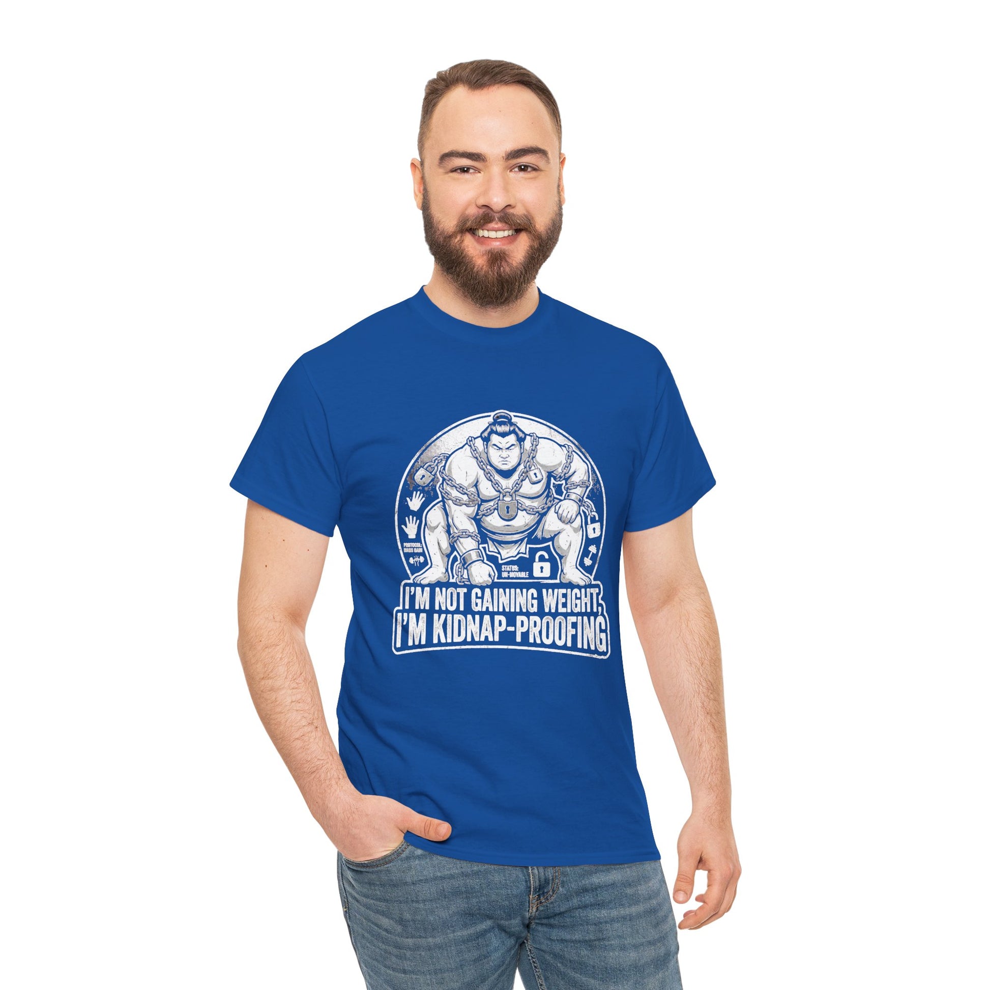 Royal blue dad bod t-shirt — "I'm not gaining weight I'm kidnap-proofing" Australian gift tee