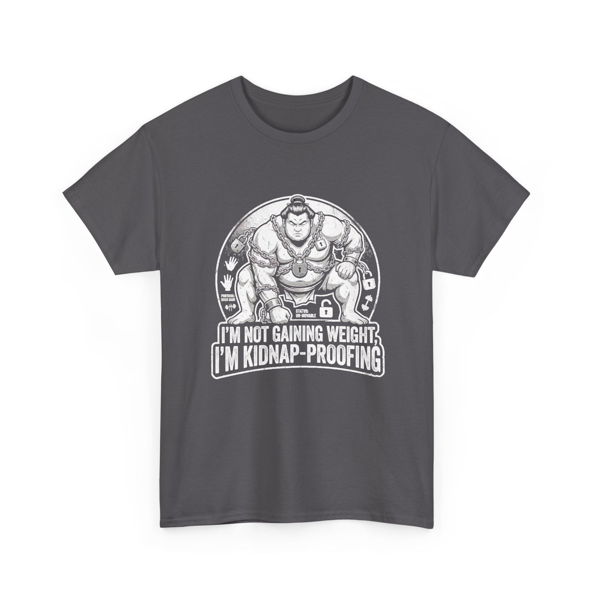 Charcoal grey "I'm not gaining weight I'm kidnap-proofing" t-shirt — funny Aussie tee