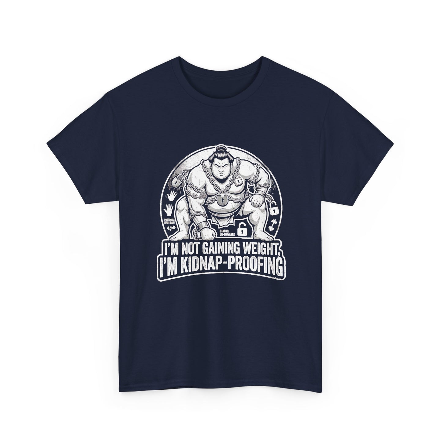 Navy blue kidnap-proofing novelty t-shirt with bold sumo print — gift for him Australia