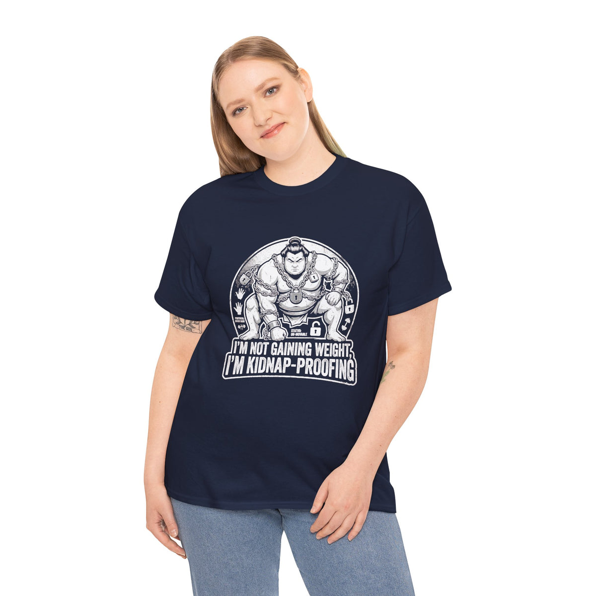 Navy funny novelty t-shirt with sumo wrestler design — Kris Kringle gift Australia