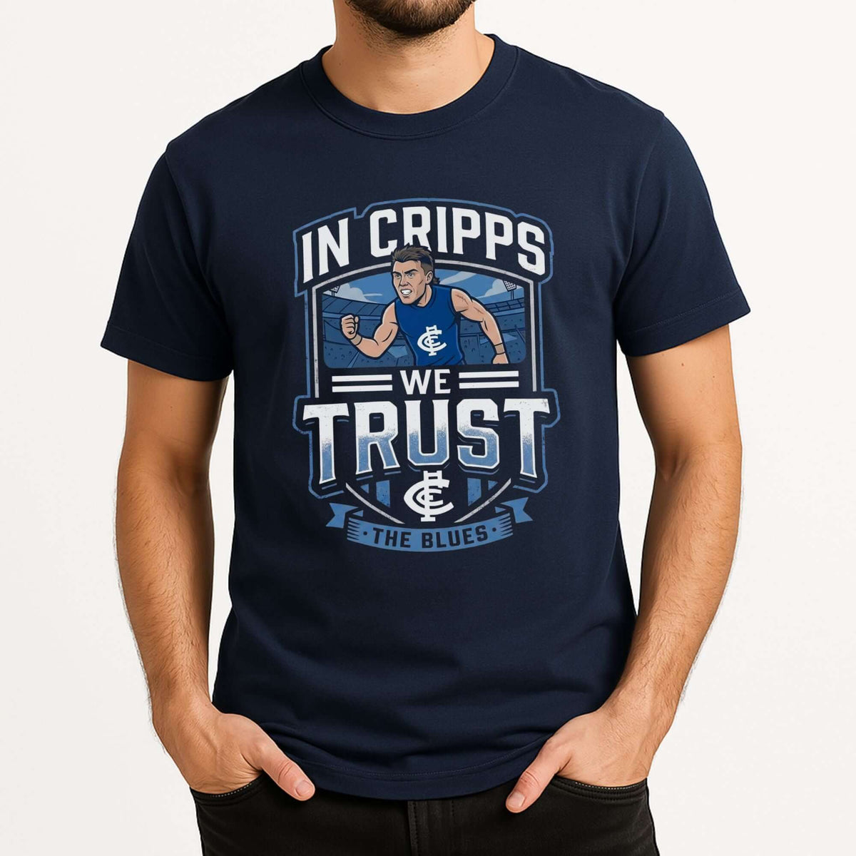 In Cripps We Trust Carlton Blues t-shirt for loyal AFL supporters