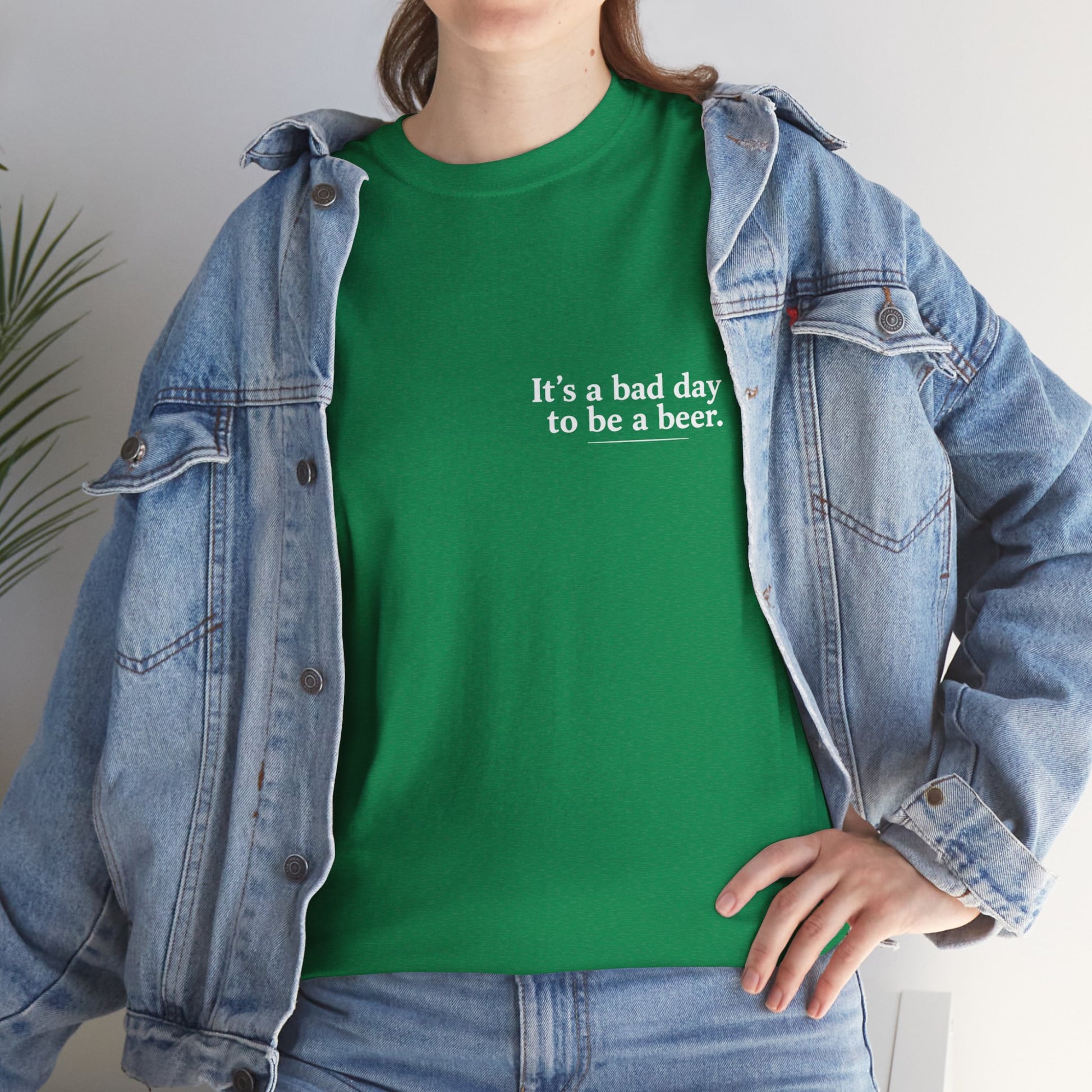 Casual Aussie pub shirt with It’s a Bad Day to Be a Beer text
