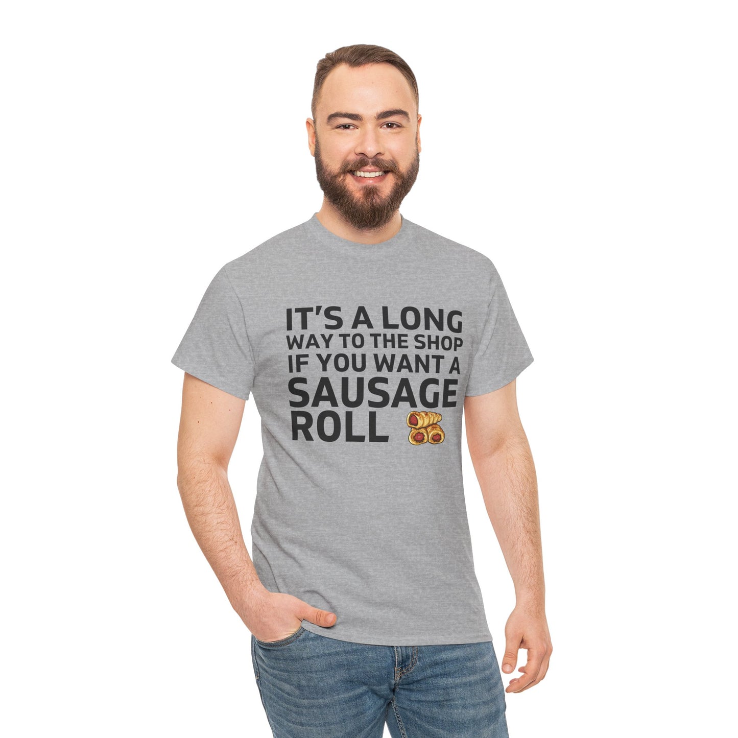 "It’s a long way to the shop" tee for fans of music and sausage rolls