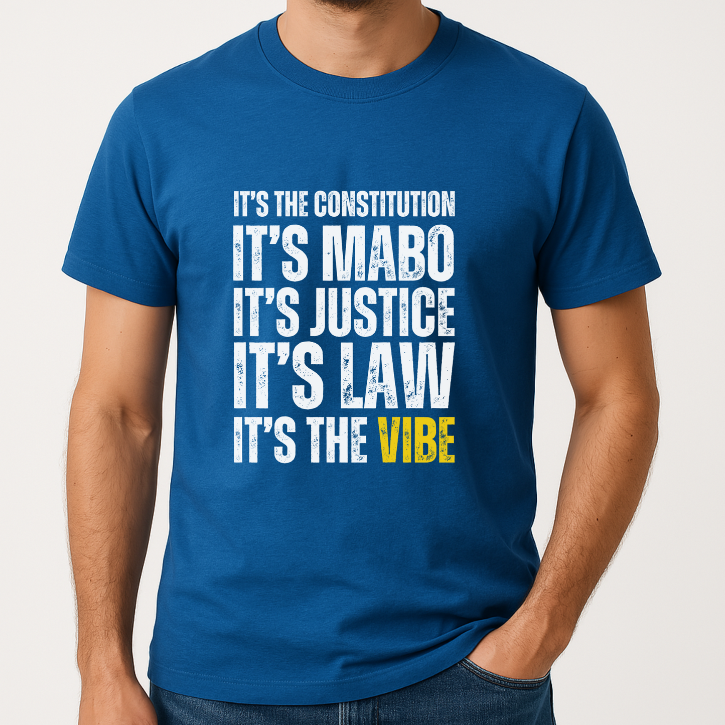 Blue “It’s the Vibe” t-shirt featuring iconic quote from The Castle’s Dennis Denuto — classic Aussie movie merch for fans.