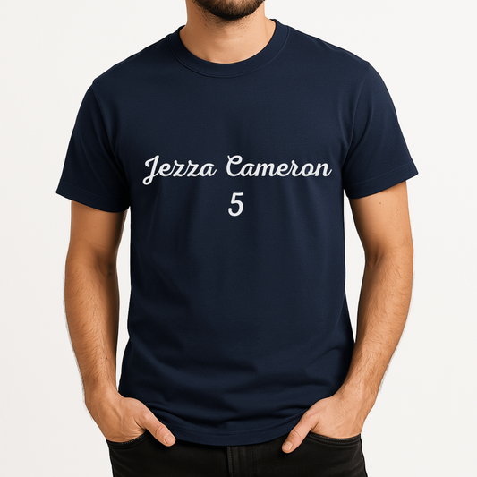 Navy blue t-shirt with 'Jezza Cameron 5' printed on it worn by a person