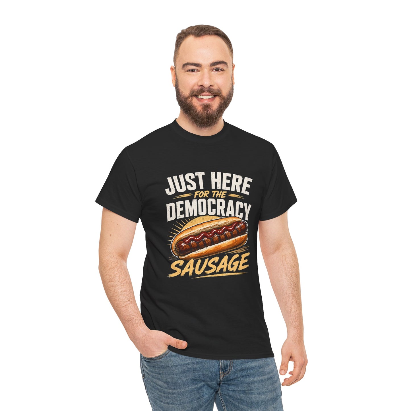 Just Here for the Democracy Sausage graphic t-shirt with iconic Aussie sausage sizzle design