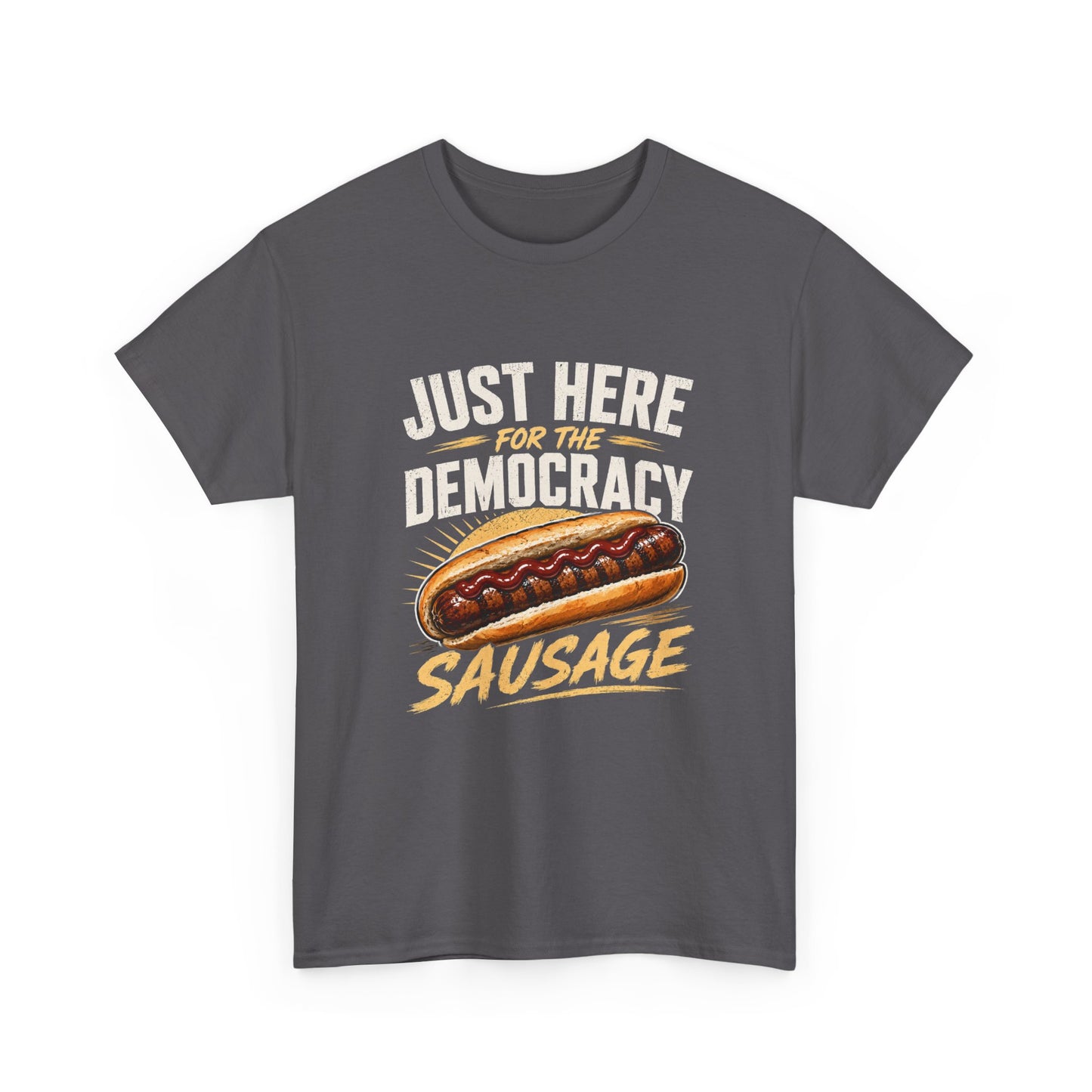 Democracy Sausage t-shirt for Australian election day featuring classic snag and tomato sauce
