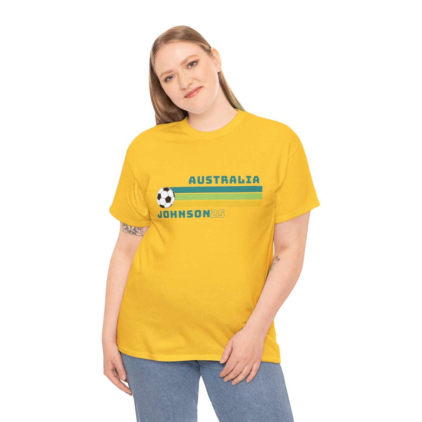 Supporter tee for Kahli Johnson with retro Matildas design in iconic Aussie colours