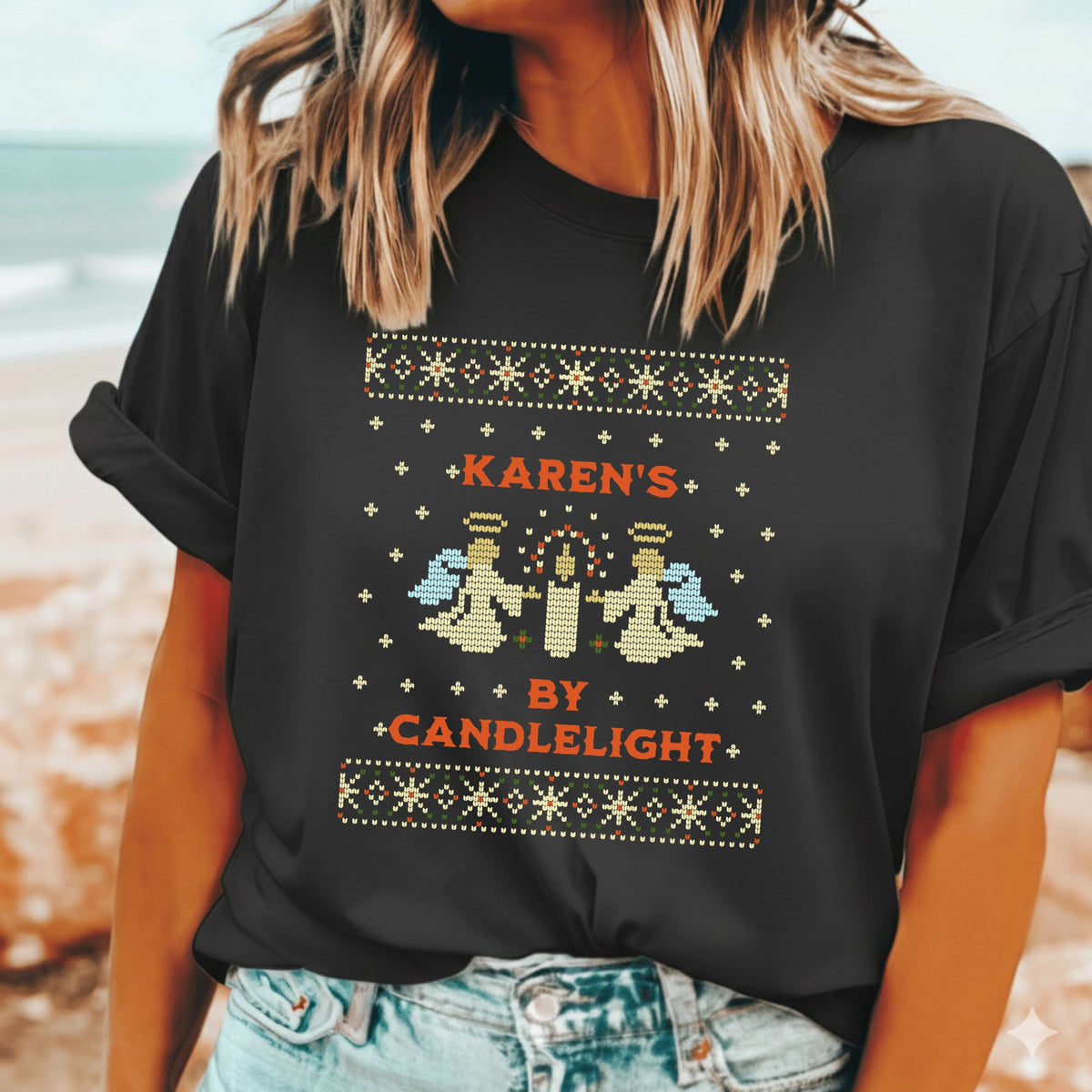 Ugly Xmas black tee for Friendsmas and holiday parties – Karen’s by Candlelight