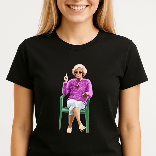 Kath & Kim cartoon t-shirt featuring Kath smoking in a chair – iconic Aussie comedy tribute shirt for fans of Fountain Lakes style