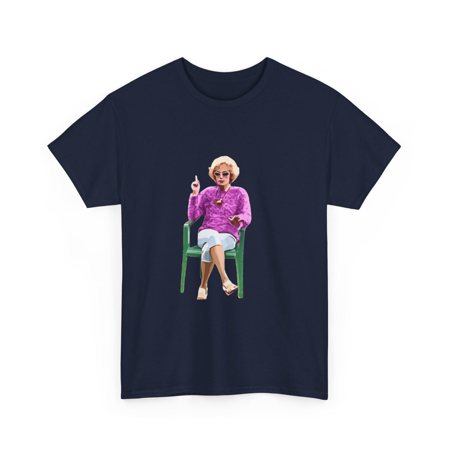 Retro Kath & Kim shirt with Kath on garden chair