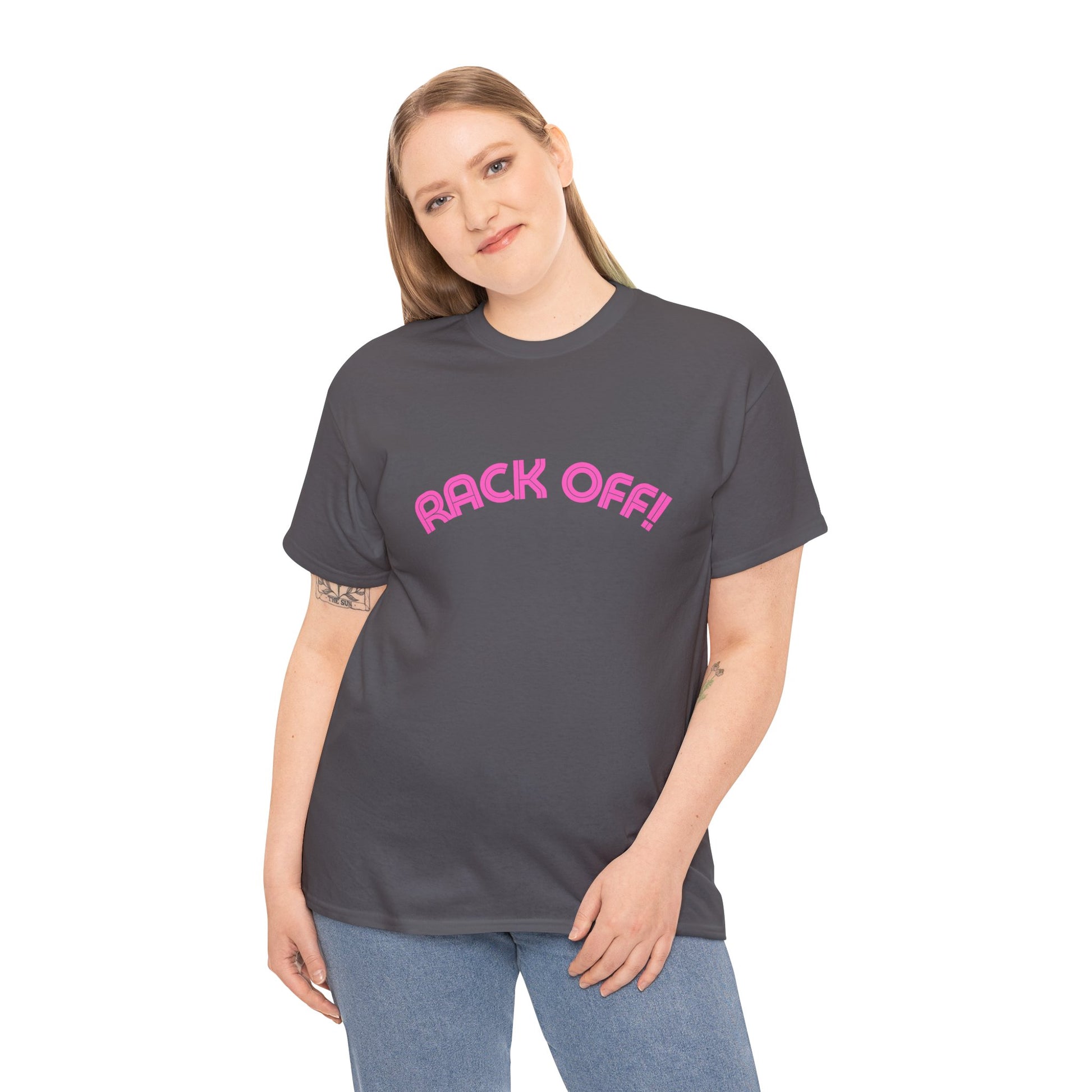 Retro bold-style Rack Off shirt referencing Kath and Kim