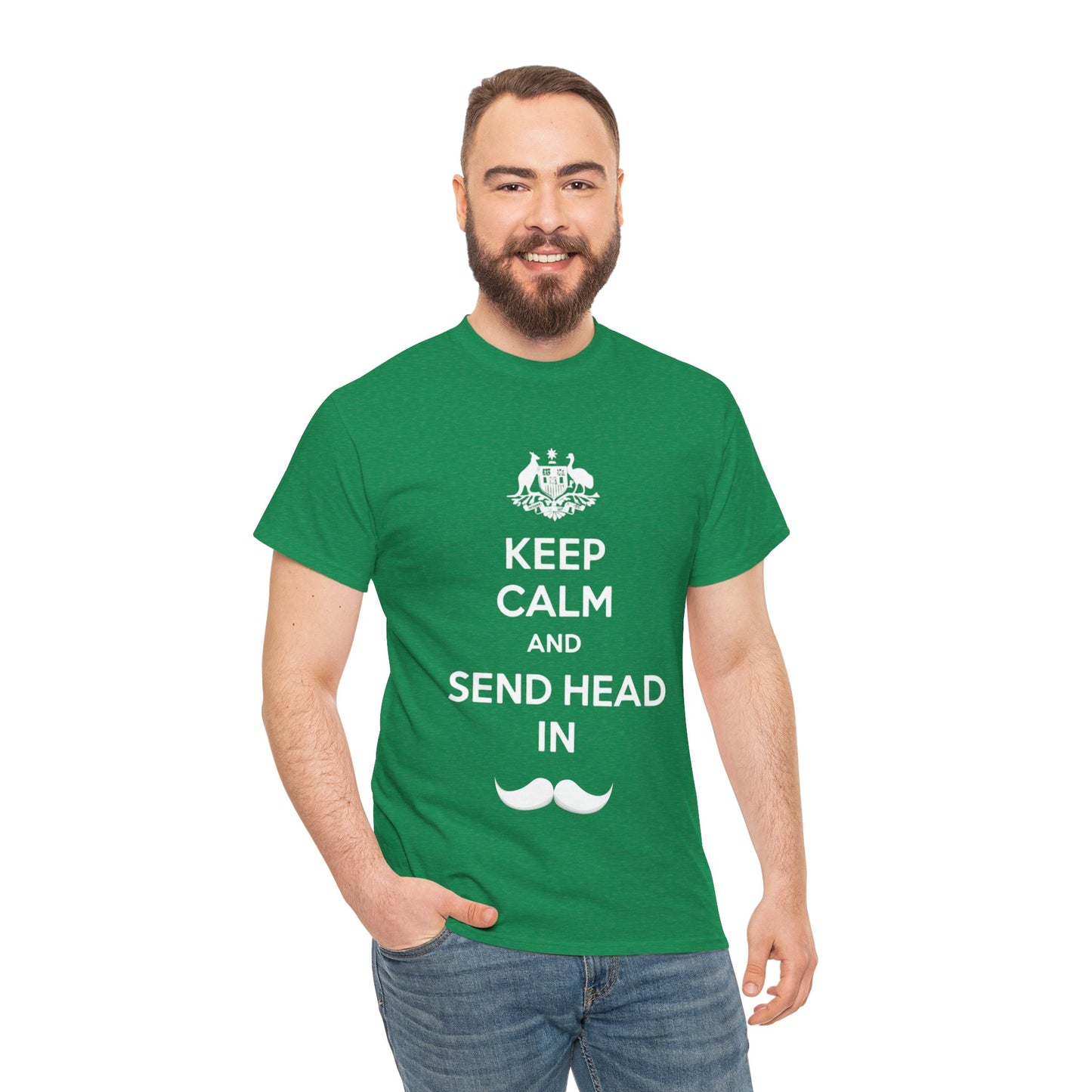 Funny cricket tee with Keep Calm and Send Head In slogan