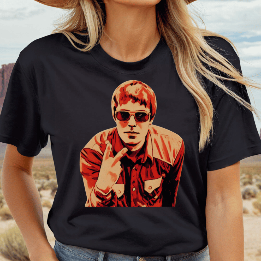 Liam Gallagher with fingers up cool print on black t-shirt