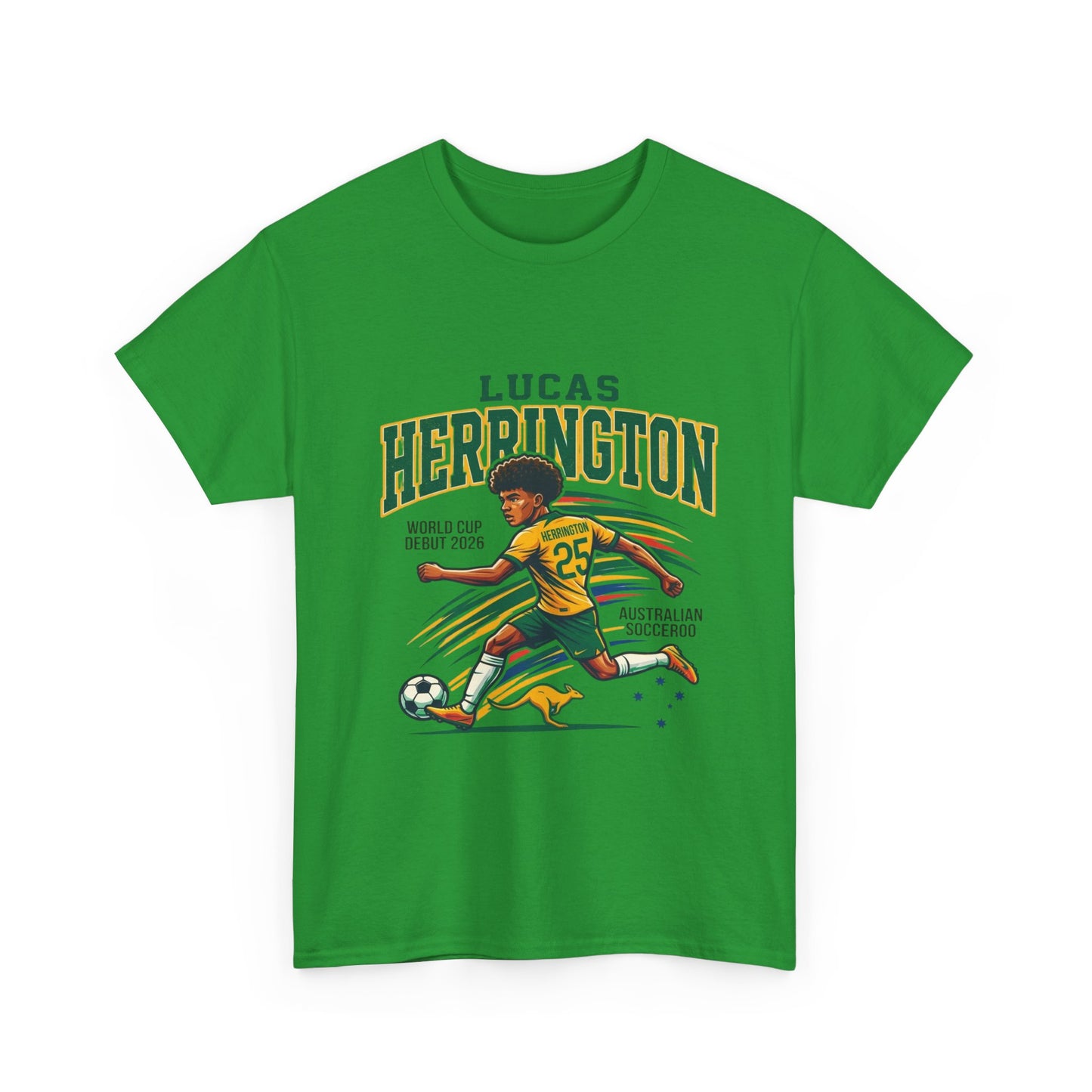 Green and gold Lucas Herrington Socceroos shirt for passionate Australian football fans.