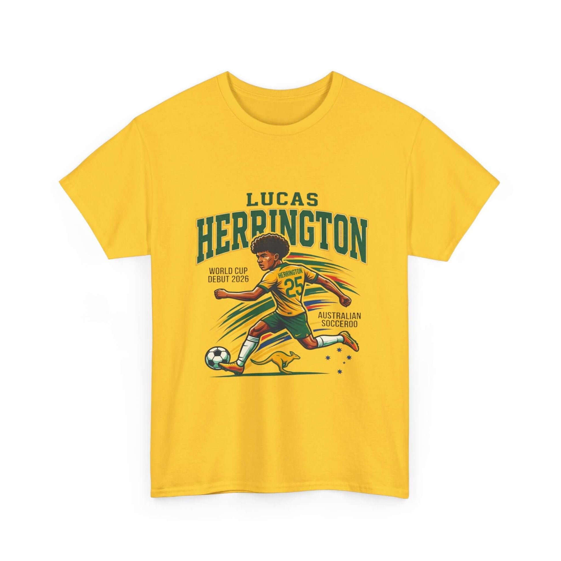 Lucas Herrington Socceroos World Cup T-Shirt featuring Australian green and gold football supporter design.