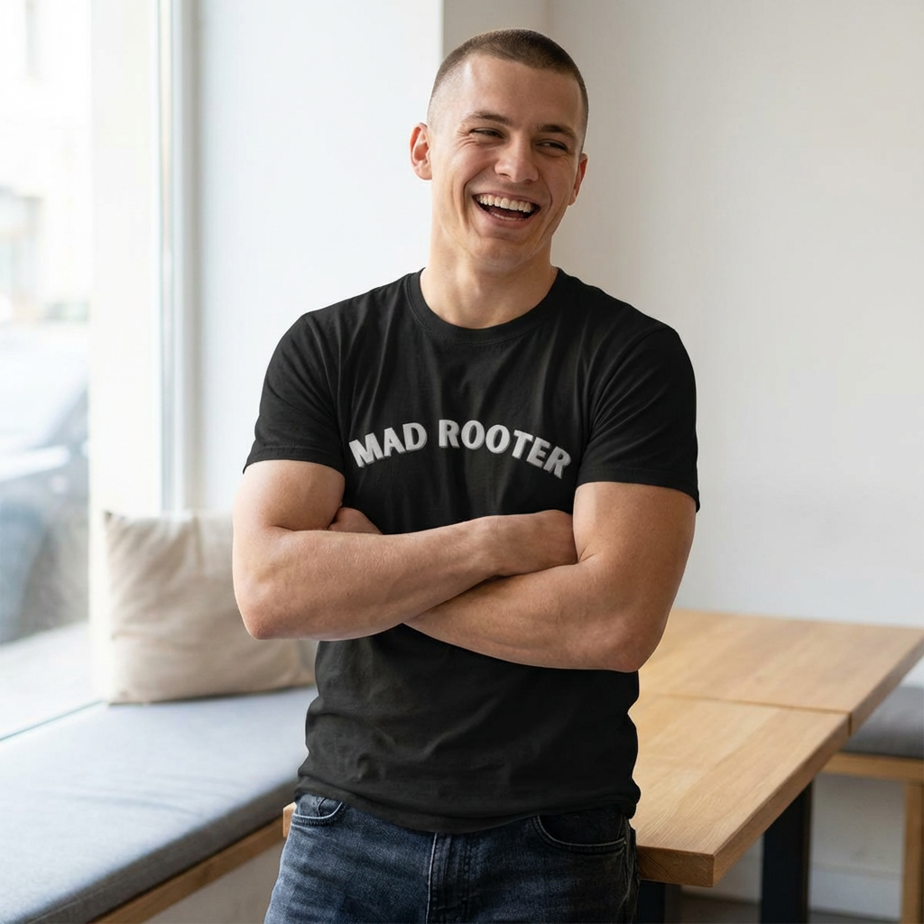 Mad Rooter Aussie black slang t-shirt with bold text on man