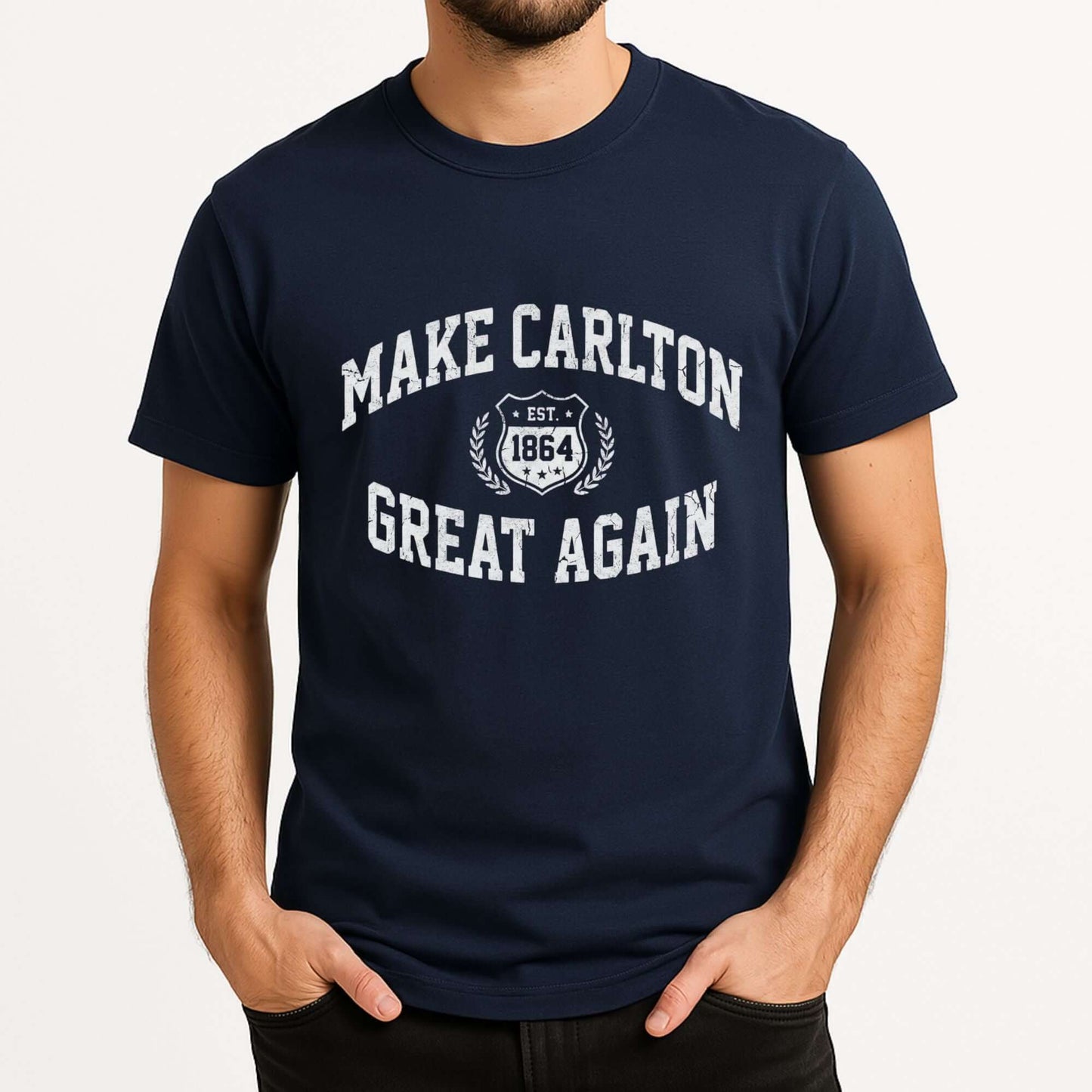 “Make Carlton Great Again” funny AFL Blues fan t-shirt in navy blue